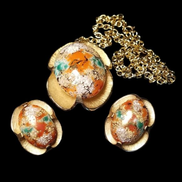 Vintage Judy Lee Speckled Easter Egg Glass Necklace Earring Set - Picture 1 of 5